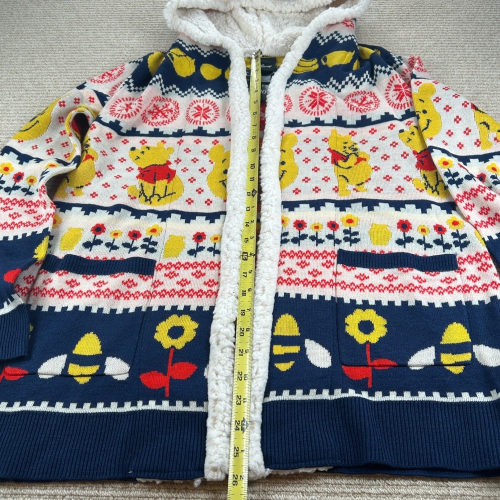 Hot Topic Disney Winnie the Pooh Cardigan Women SM Blue Fair Isle Sherpa Hood - Picture 12 of 15